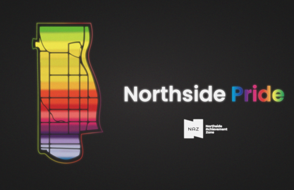 A map of North Minneapolis in rainbow colors with the title Northside Pride underneath