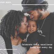 A Black mother and father kiss a young baby.