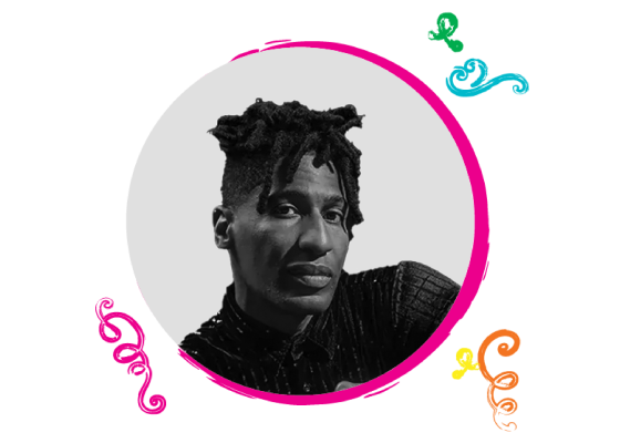 Jon Batiste surrounded by a pink circle and confetti